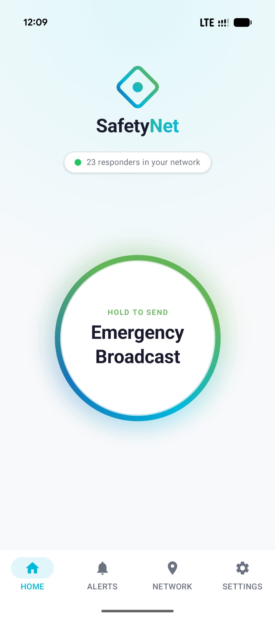 SafetyNet app showing the Emergency Broadcast button